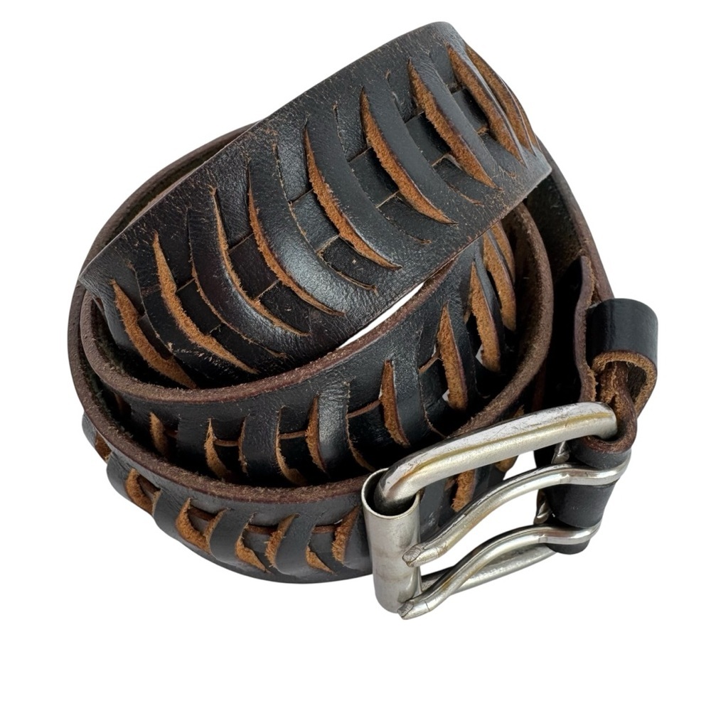 Vintage Double-Layer Leather Belt Sz M Black Unisex Cutout Slashed Woven Rock